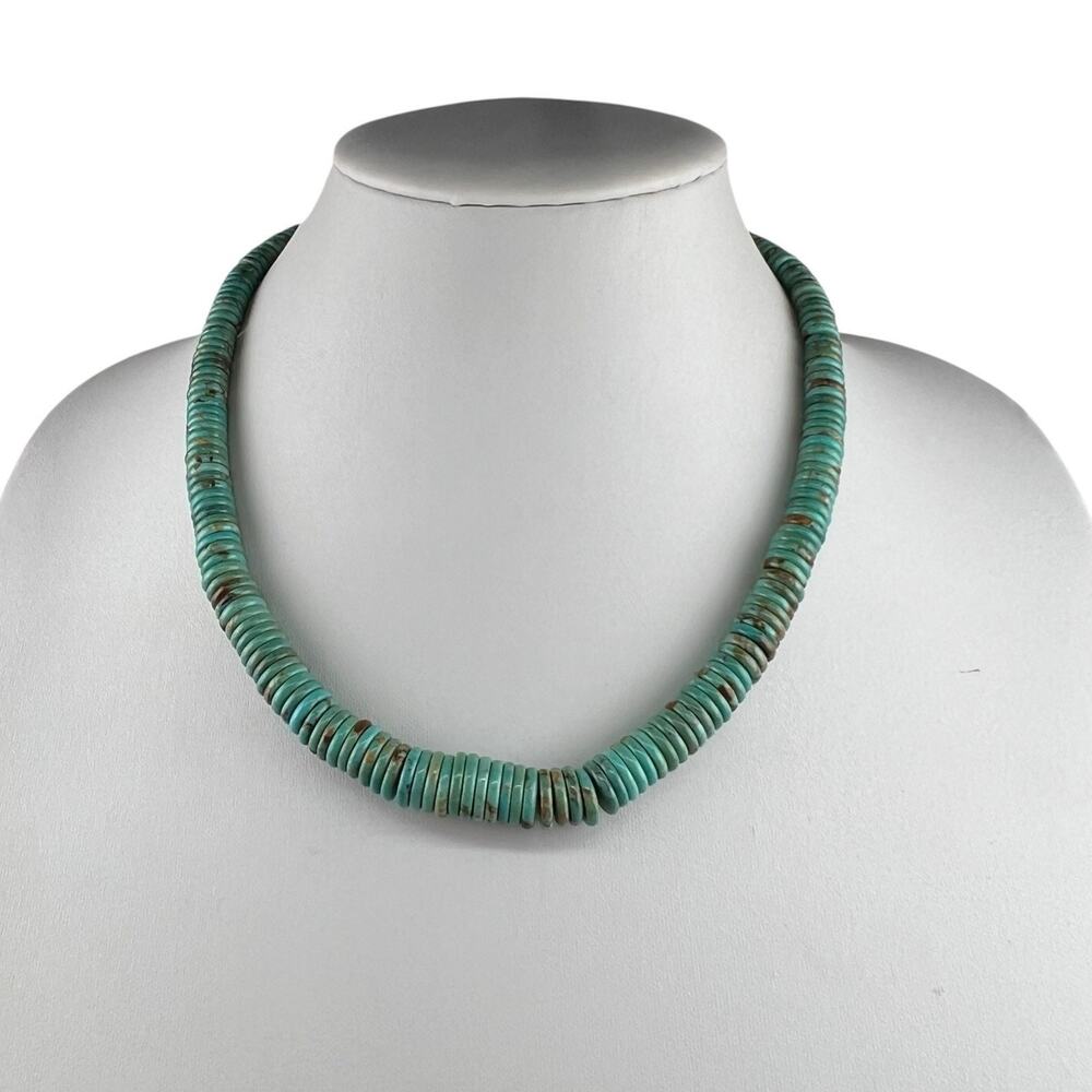 Graduated Disc Heshi Turquoise Beaded Sterling Silver Clasp Necklace 19.5"